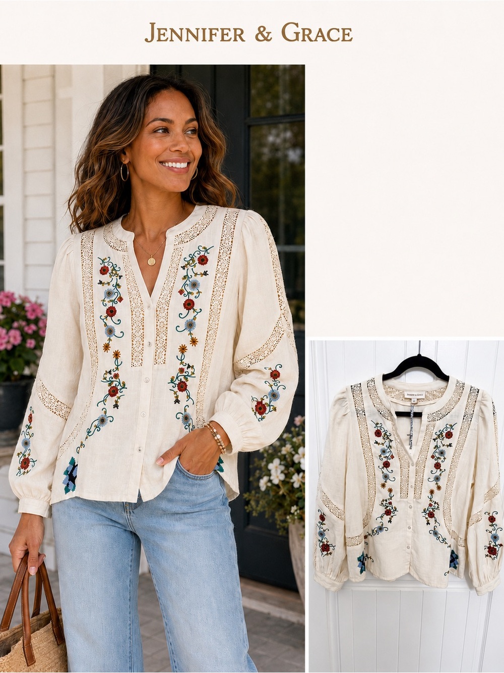 NWT Jennifer & Grace Ivory Embroidered Lace Boho Blouse